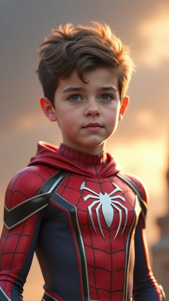 "Hyper-realistic painting of a  boy wearing the Spider-Man outfit with mask, mostrando sua  roupa de homem aranha. Impressive precision in high-resolution detail. (pintura, rosto, superhero outfit, alta qualidade)"