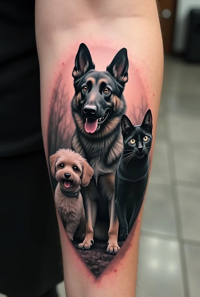 (photorealism:1.2), create a realistic black and gray arm tattoo with three elements, two dogs and a cat. The three animals are forming a triangle, positioned as follows: The bigger dog is alone and just below him, on the sides come the smaller dog and the cat. Use the reference of the appearance of the animals in the photos I uploaded. The largest is a German shepherd panda, the smaller, dark dog is a poodle-Yorkshire mix and the cat is black with white details.