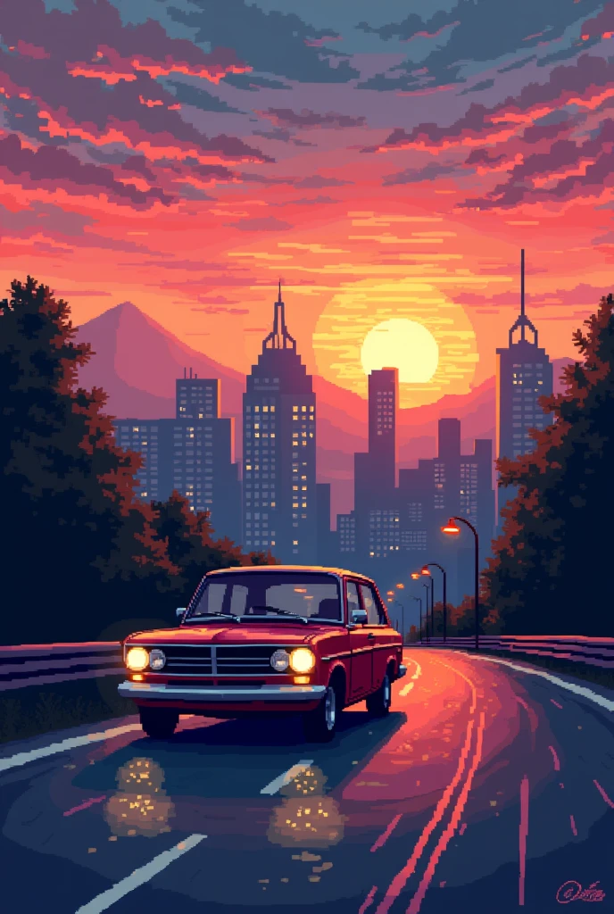 (pixel art)a car in 16-bit pixel art style, driving on the left on a highway. In the background, you can see a city at sunset, with a sky that combines orange tones, pinks and purples. The city buildings are dimly lit, with windows that begin to shine. The road has simple streetlights and some trees.. The car could be moving, with their headlights on, giving that classic and nostalgic feel of 16-bit games