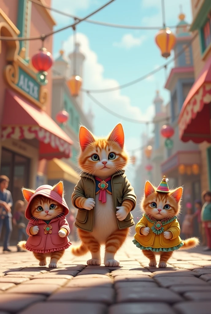 Horacia the adult cat the tour guide took the four kittens in dress-up clothes to the city amusement park.