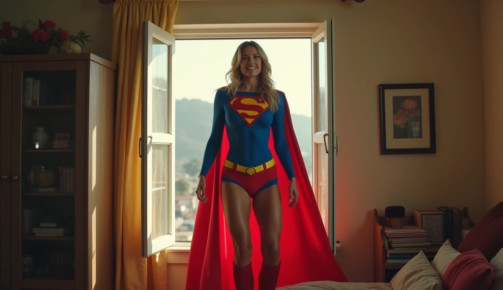 powerful, kind, attractive, smiling and confident; Paula Patton Supergirl 1984s movie costume;  HD. Photograph, ((realism)), extremely high quality RAW photograph, ultra detailed photograph, sharp focus, high resolution, (detailed skin:1,3),high quality, film grain, Fujifilm XT3,Highly Detailed, movie, (Cinematic Photo:1.3) of (Realistic:1.3). Super breasts. flying in through the window and landing delicately inside an apartment