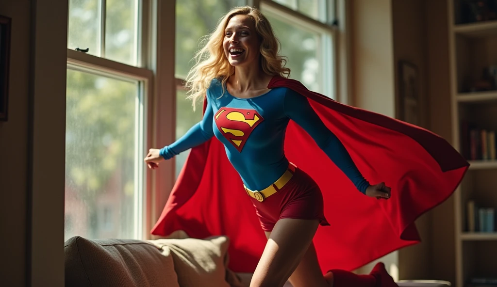 powerful, kind, attractive, smiling and confident; Paula Patton Supergirl 1984s movie costume; HD. Photograph, ((realism)), extremely high quality RAW photograph, ultra detailed photograph, sharp focus, high resolution, (detailed skin:1,3),high quality, film grain, Fujifilm XT3,Highly Detailed, movie, (Cinematic Photo:1.3) of (Realistic:1.3). Super breasts. flying in through the window and landing delicately inside an apartment