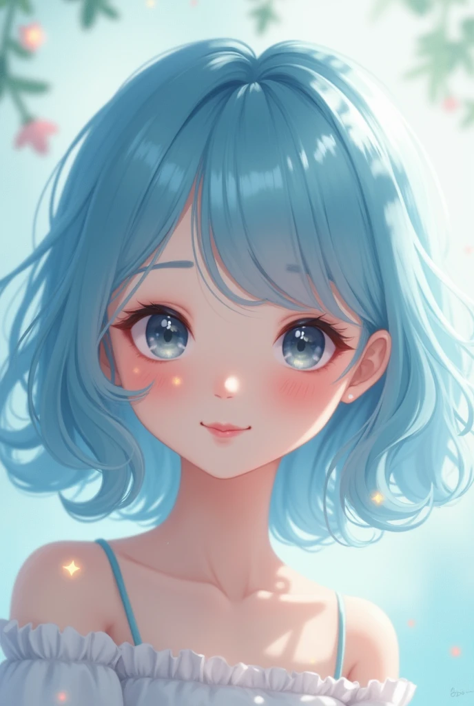 asian smiling dreamy girl with medium long light blue hair (1)