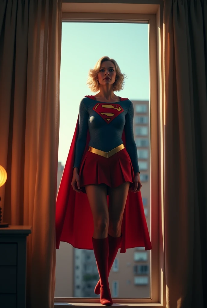 (((very beautiful old Supergirl (((1984s Supergirl movie costume))) Julie Hagerty))) Super oldwoman ; confident, powerful, indestructible, attractive; big and firm chest; strong breasts; flying in through the window and landing delicately inside an apartment; floating outside a window; straight body; view from inside to outside, full body fluttering curtains, night, cinematic lighting, dramatic pose, beautiful detailed eyes, beautiful detailed lips, extremely detailed face and features, elegant, graceful, flowing cape, vibrant colors, hyperrealistic, 8k, high quality, intricate details, photorealistic, masterpiece