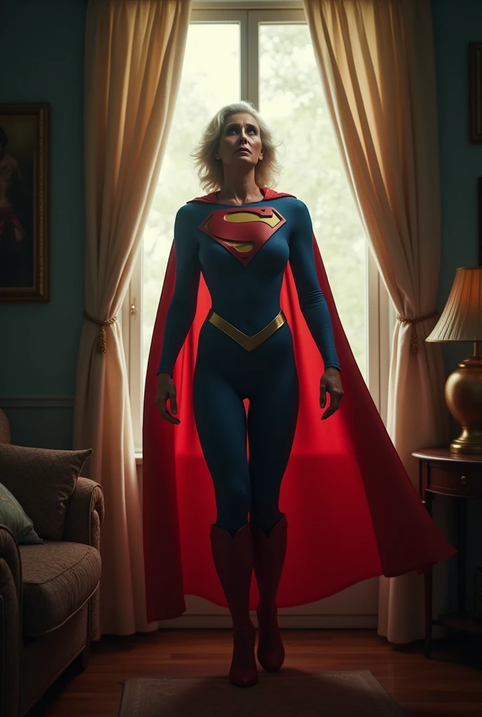 (((very beautiful old Supergirl (((1984s Supergirl movie costume))) Julie Hagerty))) Super oldwoman ; confident, powerful, indestructible, attractive; big and firm chest; strong breasts; flying in through the window and landing delicately inside an apartment; floating outside a window; straight body; view from inside to outside, full body fluttering curtains, night, cinematic lighting, dramatic pose, beautiful detailed eyes, beautiful detailed lips, extremely detailed face and features, elegant, graceful, flowing cape, vibrant colors, hyperrealistic, 8k, high quality, intricate details, photorealistic, masterpiece