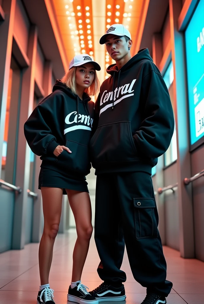 "Generates an image of a 20 year old blonde girl and a blonde boy, rap superstar, both wearing white caps and parkas with the word **'CENTRAL'**. The girl is wearing a black miniskirt and black Vans, while the boy wears black baggy pants and the same sneakers. The background should imitate a magazine cover, with a modern and urban style that highlights your attractiveness and the phrases on your clothes."