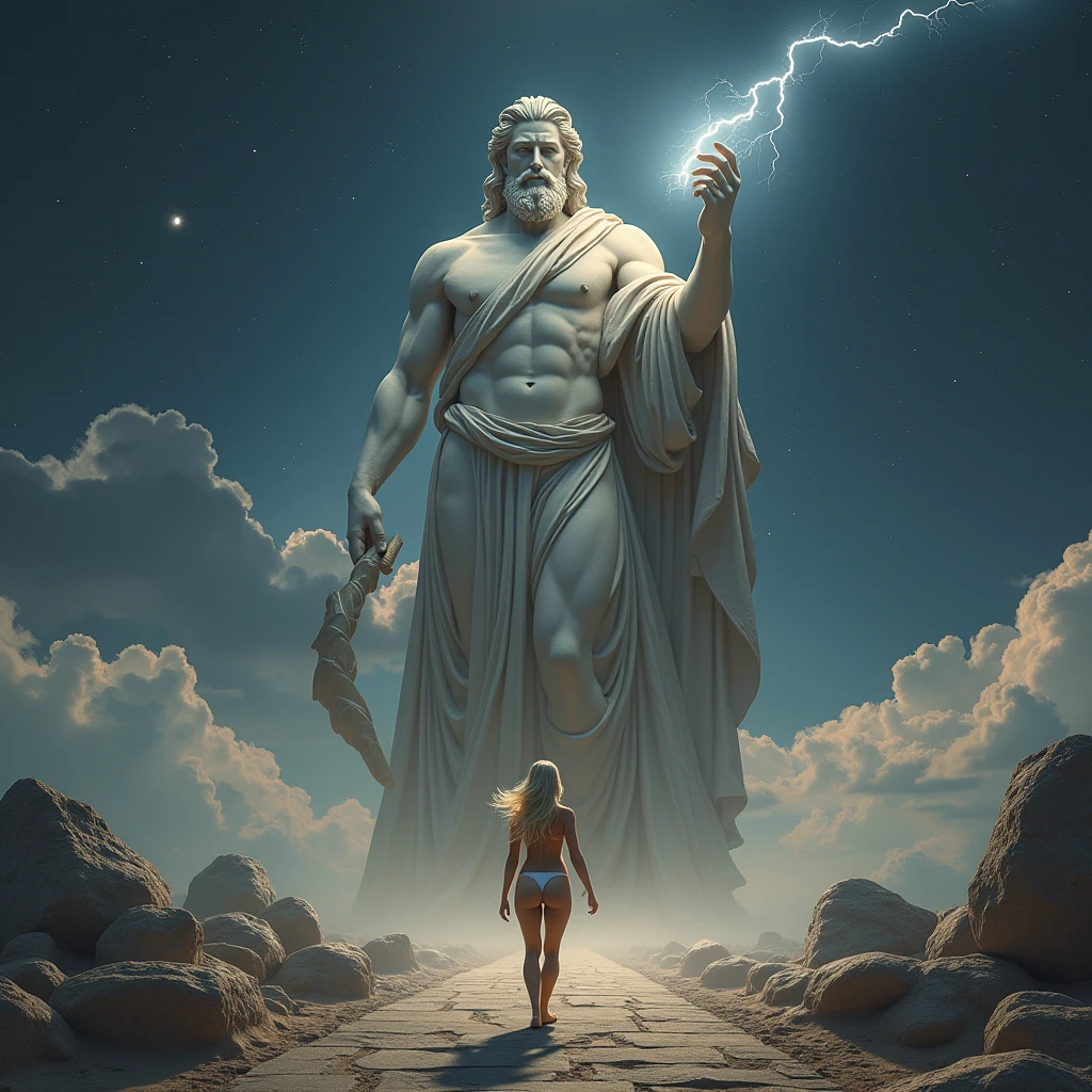 ((work of art))，(best qualityer))，greek style，in the universe，A huge statue of the God Zeus stands in space，Look to the camera，Zeus standing，Zeus holding a thunderbolt in his right hand, glimmering，glow effect，naked blonde woman with big ass on the road，Hyper-Realism，hyperphotorealism，real photography，8k，High definition，high qualiy，work of art，very well, (((offwhite)))，Discoloration，blurring，inking，8k，very well，high qualiy，(((oc renderer)))