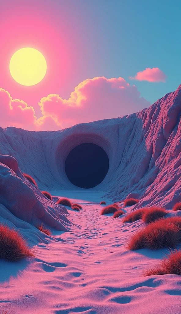 Vice City GTA, pink, blue and yellow clear sky with a yellow sun, retro sky, gray retro ground, clear sky, few clouds, There is a very wide rocky ridge in the background with a dark entrance in the middle, fat mountain