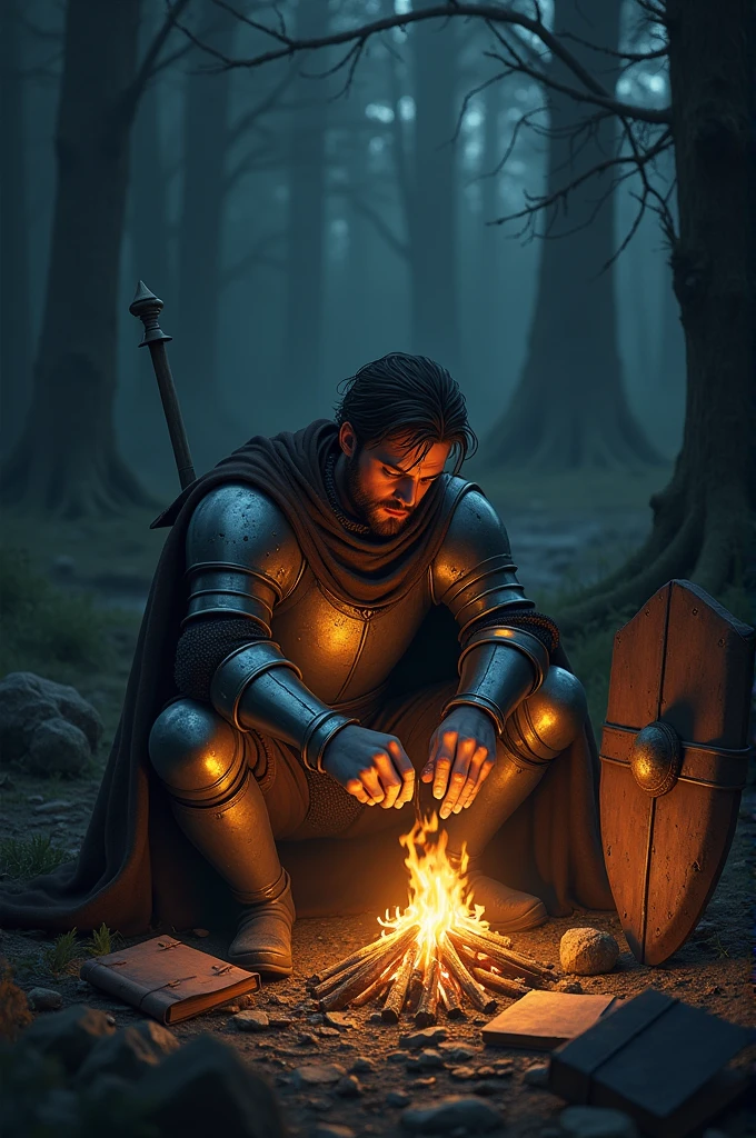 Lost knight restes at a camp acting the arrow as a fire to light it