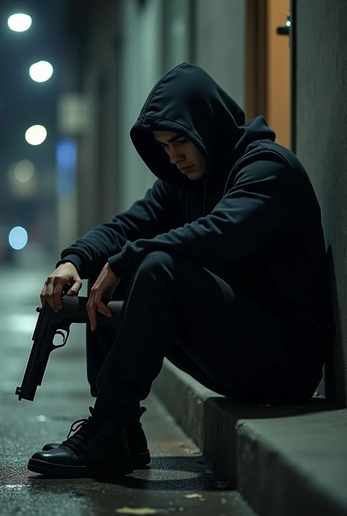 20 years old, HAVE A BLACK SWEET ON HIM, HAVE A BLACK TRACKSUIT, HAVE A HOOD ON HIS HEAD, HAVE SITTING ON THE SIDEWALK, HAVE A REAL GUN IN HIS HAND, HAVE THE GUN RIGHT, AND LET IT BE NIGHT