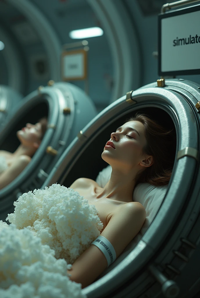 In a spaceship, In a metal capsule with polystyrene there is a beautiful young European woman asleep and reclining, brown haired and naked, The woman has a barcode tag on her arm, On one side there are other capsules with women, There is a sign hanging that says "SIMULATORS", Hyper-realistic image quality