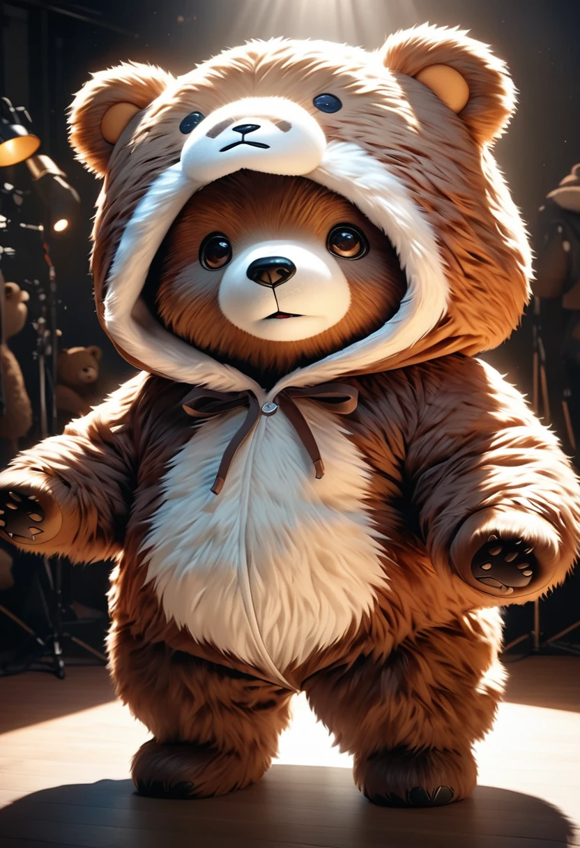 a brown bear wearing a white bear costume, brown fluffy bear, white bear costume with hood, cute bear, photorealistic, 8k, high quality, masterpiece, detailed fur texture, detailed costume design, studio lighting, realistic lighting, vibrant colors, warm lighting, soft focus