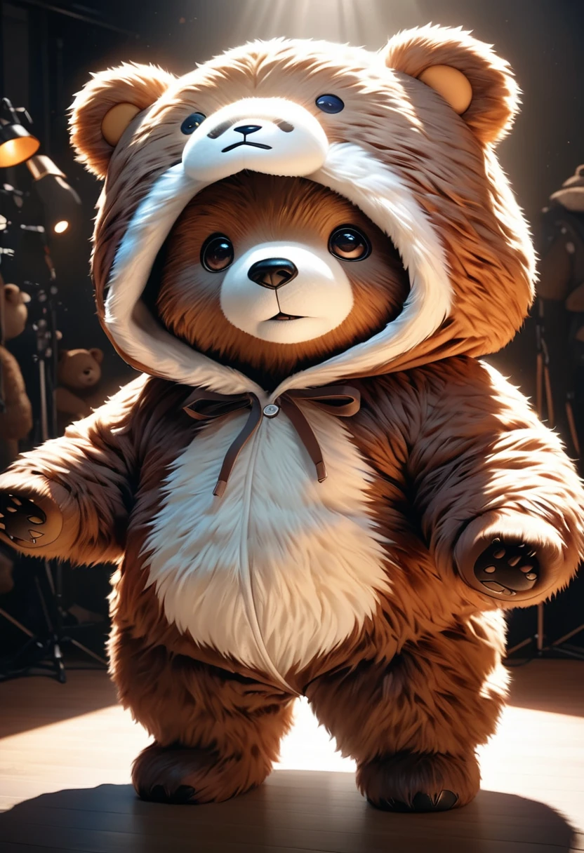 a brown bear wearing a white bear costume, brown fluffy bear, white bear costume with hood, cute bear, photorealistic, 8k, high quality, masterpiece, detailed fur texture, detailed costume design, studio lighting, realistic lighting, vibrant colors, warm lighting, soft focus