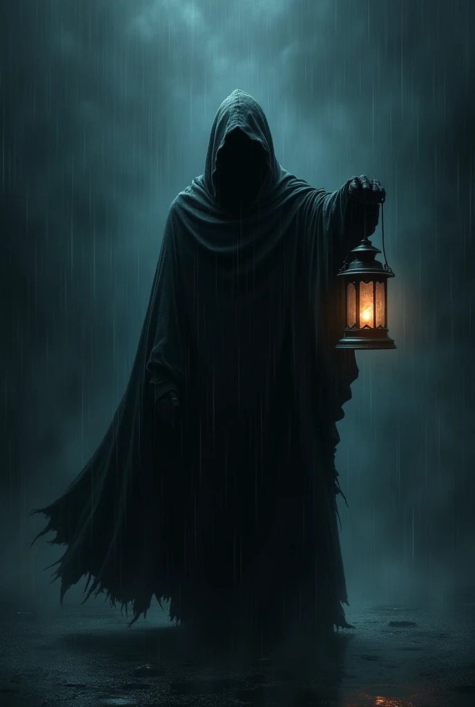 Black Hooded Lantern , in the dark and raining , a lot of rain 
