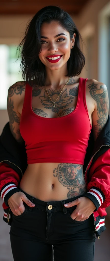 craft a hyper realistic full body length hourglass photo of north Indian beautiful face woman in her 3, 38B cup huge round firm breas Black tank top covering belly and chest, huge boobs insidejacket, muscular girl with toned arms, with jacket and tattoos all over body, Black jeans slim fit ]] [[Razor cut bob cut hair full body pose, highly detailed, wearing Chicago Bulls Jordan hoodie jacket and tracks, cute smile, colorized, smooth, charming, pretty big sexy smile, red ltick, soft lips, supple skin, attractive appearance, full body length photo with shoes.