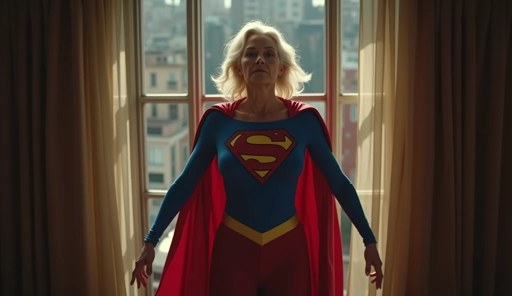 (((very beautiful old Supergirl (((1984s Supergirl movie costume))) Julie Hagerty))) Super oldwoman ; confident, powerful, indestructible, attractive; big and firm chest; strong breasts; flying in through the window and landing delicately inside an apartment; floating outside a window; straight body; view from inside to outside, full body fluttering curtains, night, cinematic lighting, dramatic pose, beautiful detailed eyes, beautiful detailed lips, extremely detailed face and features, elegant, graceful, flowing cape, vibrant colors, hyperrealistic, 8k, high quality, intricate details, photorealistic, masterpiece