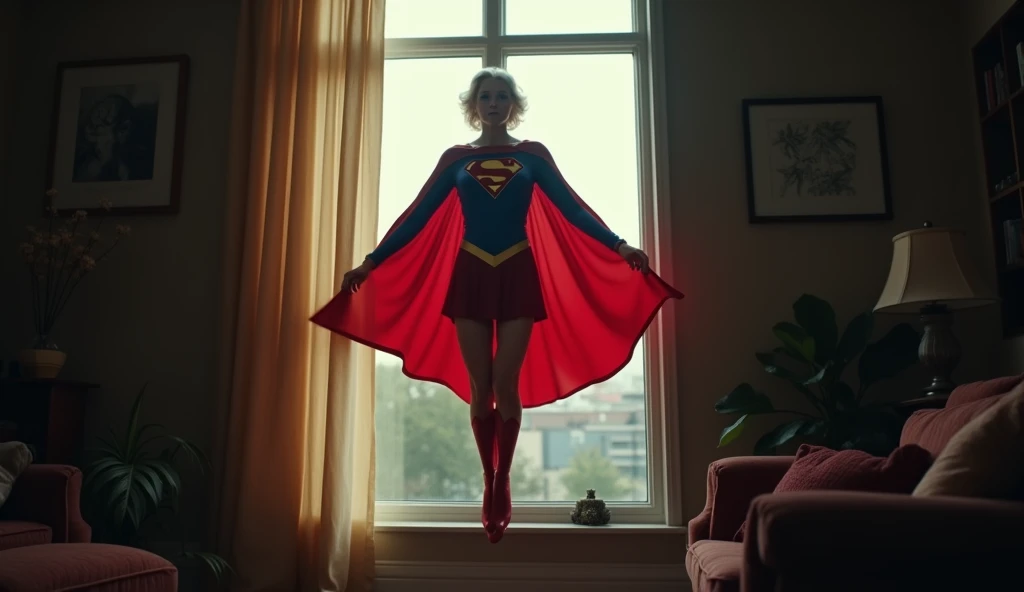 (((very beautiful old Supergirl (((1984s Supergirl movie costume))) Julie Hagerty))) Super oldwoman ; confident, powerful, indestructible, attractive; big and firm chest; strong breasts; flying in through the window and landing delicately inside an apartment; floating outside a window; straight body; view from inside to outside, full body fluttering curtains, night, cinematic lighting, dramatic pose, beautiful detailed eyes, beautiful detailed lips, extremely detailed face and features, elegant, graceful, flowing cape, vibrant colors, hyperrealistic, 8k, high quality, intricate details, photorealistic, masterpiece