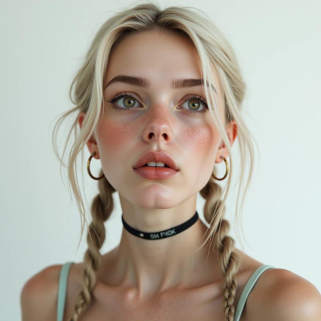 fit 20 year old swedish woman, long pale blonde hair, thick braided pigtails, defined eyebrows, (detailed hazel eyes), (upturned nose), textured skin, e))), hoop earrings, choker, pale white
