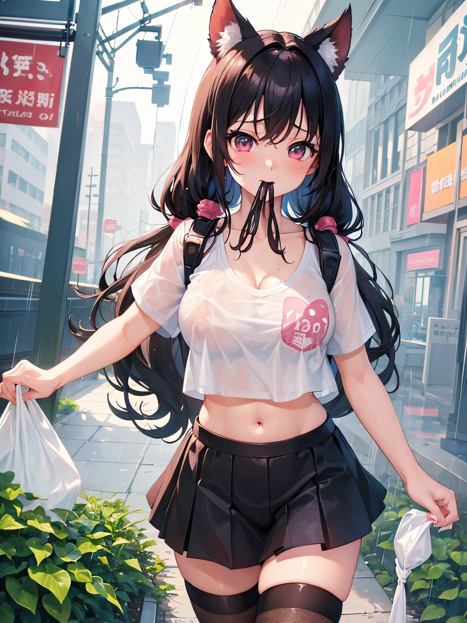 (((anime-style cute face)))、Black hair twin tails、Beautiful brown skin:1.7、blush、Very big eyes、anatomically correct body、Thighs、The face is bright、Professional Lighting、Cute little breasts、(最high quality1.5, Anime artwork, Anime Style, Studio Anime, Very detailed,  Anime Coloring, High Contrast, masterpiece, 最high quality, Best aesthetics), ((Short white T-shirt)), ((Soaking wet))、((Bus stop in heavy rain))、((Laughing with your mouth open:1.2)), Normal hip joint, (Naughty Fishnet Stockings), Perfect Fingers, Five Fingers, Anatomically correct, Background Blur, high quality, Surreal, Bright colors,Female genitalia pink、Cleavage、Underboob、Belly button、The black mini skirt has lively frills、Nipples are very erect、Semen