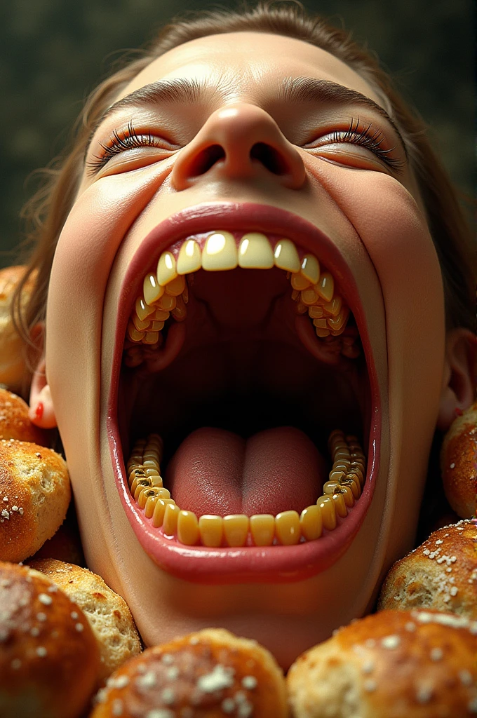 Teeth, art, gold teeth, food, bread, open mouth wide,