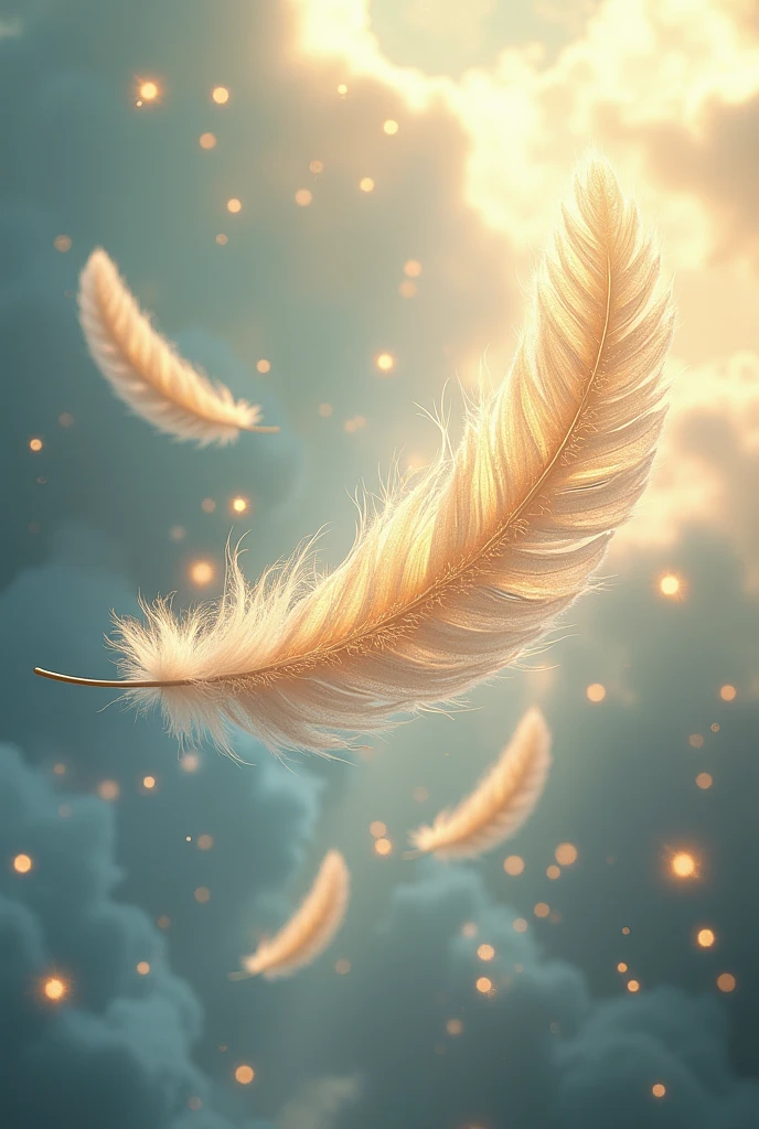 Delicate angelic feathers falling from the sky, shimmering with radiance. The scene depicts a heavenly and ethereal moment captured in a photograph. Each feather is intricately detailed, reflecting the light in a dazzling display of iridescence. The image exudes a sense of divine beauty and purity, captivating viewers with its exquisite composition and flawless execution. iNCLUDES THE WORD DESIDERIA IN GOLDEN SHIMMER IN A FAIRY FONT IN MEDIUM SIZE AT THE MIDDLE