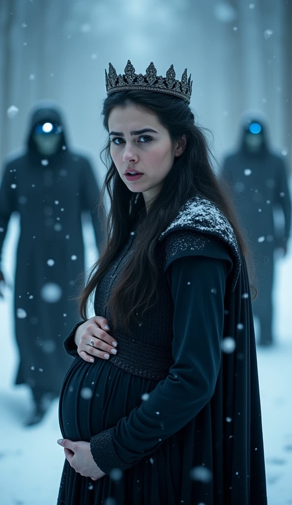 A Turkish woman with dark hair, a crown on her head and a Sansa Stark-style dress. she's 7 months pregnant, with her belly modestly covered. She stands in a cold, snowy, and dark environment inspired by the "Winter is coming" concept of the Game of Thrones series. The woman looks at the camera in horror, her eyes wide with fear. Her mouth opens slightly and she warns the audience with her anxious gaze, silently conveying that something terrible is following her. The lighting is dim and the ice blue tones add a creepy effect. In the background, shadowy, skeletal, naked ghostly figures with glowing blue eyes and frost-covered facial features slowly walk towards her, reinforcing the sense of impending danger. Snow is falling softly, adding to the atmosphere of terror. The woman's panicked movements and the eerie presence behind her create a scene full of tension and fear.