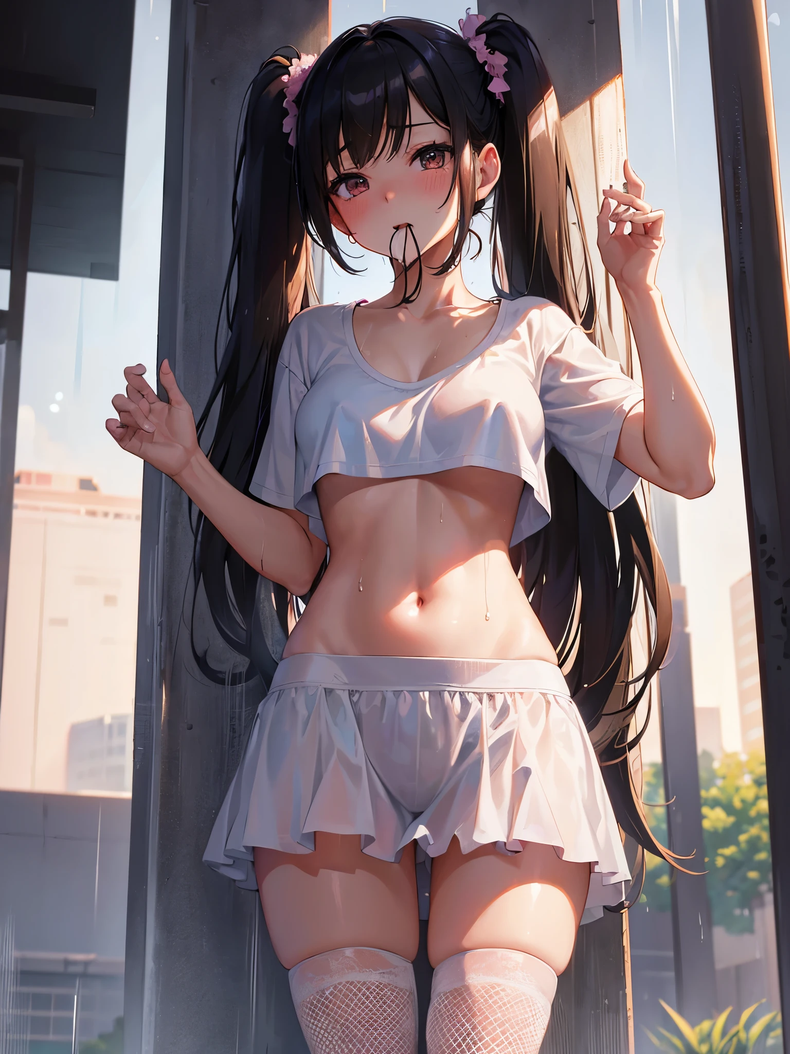 (((anime-style cute face)))、Black hair twin tails、Beautiful brown skin:1.7、blush、Very big eyes、anatomically correct body、Thighs、The face is bright、Professional Lighting、Cute little breasts、(最high quality1.5, Anime artwork, Anime Style, Studio Anime, Very detailed,  Anime Coloring, High Contrast, masterpiece, 最high quality, Best aesthetics), ((Short white T-shirt)), ((Soaking wet))、((Bus stop in heavy rain))、((Laughing with your mouth open:1.2)), Normal hip joint, (Naughty Fishnet Stockings), Perfect Fingers, Five Fingers, Anatomically correct, Background Blur, high quality, Surreal, Bright colors,Female genitalia pink、Cleavage、Underboob、Belly button、The black mini skirt has lively frills、Nipples are very erect、Semen