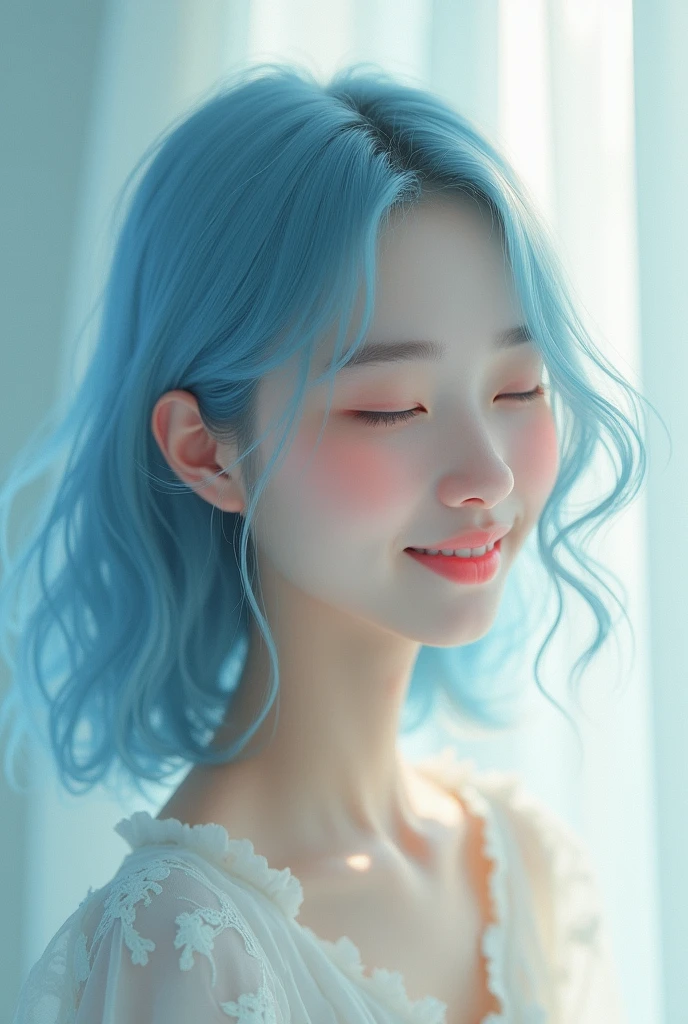 asian smiling dreamy girl with medium long light blue hair (20 years old)
