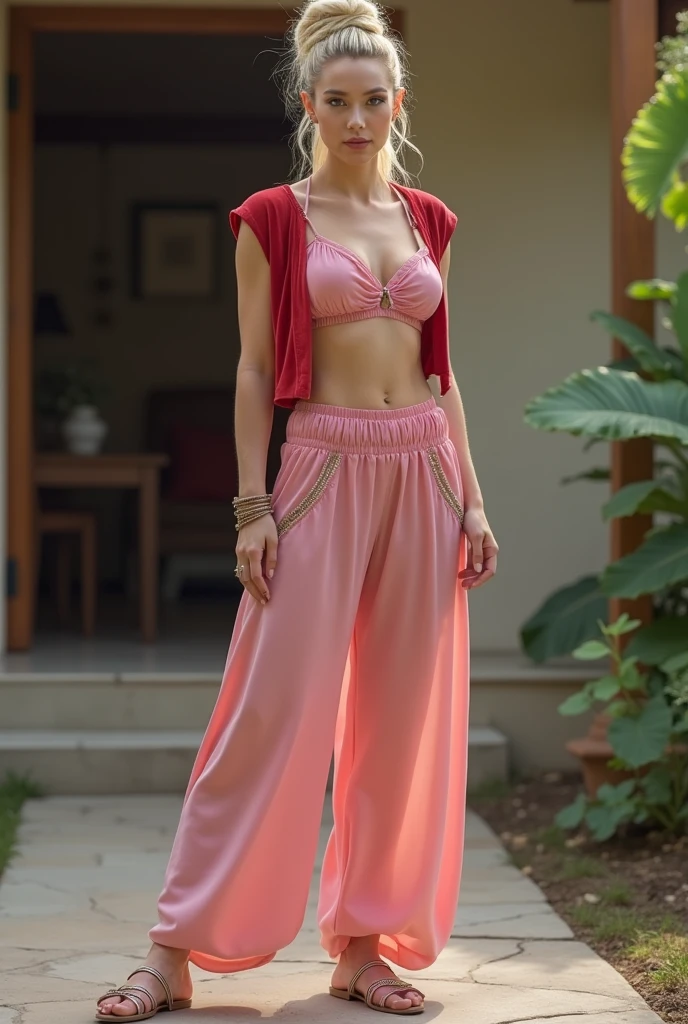 large format full body photo of a woman a Realistic full body portrait Photo of a I dream of Jeannie, genie in the lamp (((Jeannie))) with classic updo blonde hair style, diaphanous soft pink chiffon face veil pulled down under chin, tiny soft pink diaphanous gathered chiffon top under tiny open very cropped red velvet vest with thin white trim, low on hips diaphanous gathered soft pink chiffon harem pants elastic gathered at ankles and thick red velvet waist band with thin what trim and soft gathered pink chiffon inserts, Beautiful, Detailed face, Perfect eyes, (highly detailed skin:1.1), extremely long disheveled messy blonde hair with a sloppy extremely long ponytail, narrow shoulders, small breasts, aggressively arched back, bubble butt, full hips, sexy soft slightly rounded lower belly, proportionate average-length legs, compact build, perfect dainty narrow feet wearing tiny pink flat-soled closed-toe shoes with pointed tips, thick mascara, soft pink full pouting lips, hoop earrings, slave bands, several rings on various fingers, , layered clothes, best quality, Modelshoot style, Professional Photography, Photorealistic, in a bungalow, bokeh background, RAW, analog style, sharp focus, 8k, ultra high resolution, DSLR, high quality, Fujifilm XT3, film grain, award winning, masterpiece (blurry:-1) (undetailed:-1) (bad quality:-1) (NSFW:-1) (painting:-1) (vintage:-1) (navel:-1) (cleavage:-1.25), big smile