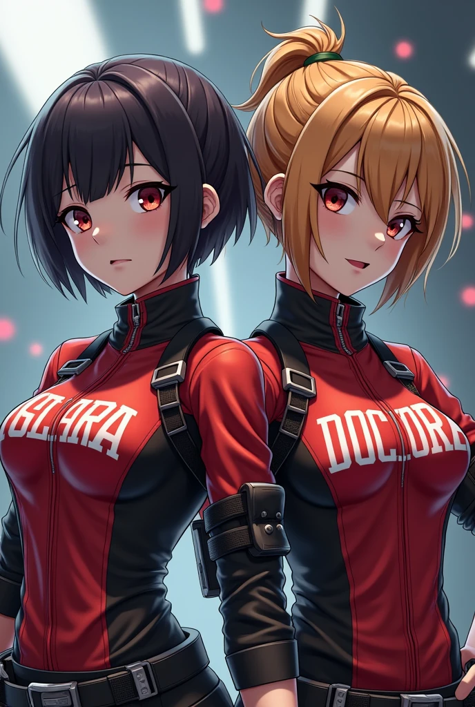 2 free fire game style characters, with a high collar shirt with the name GAARA AND DOCTOR written on it