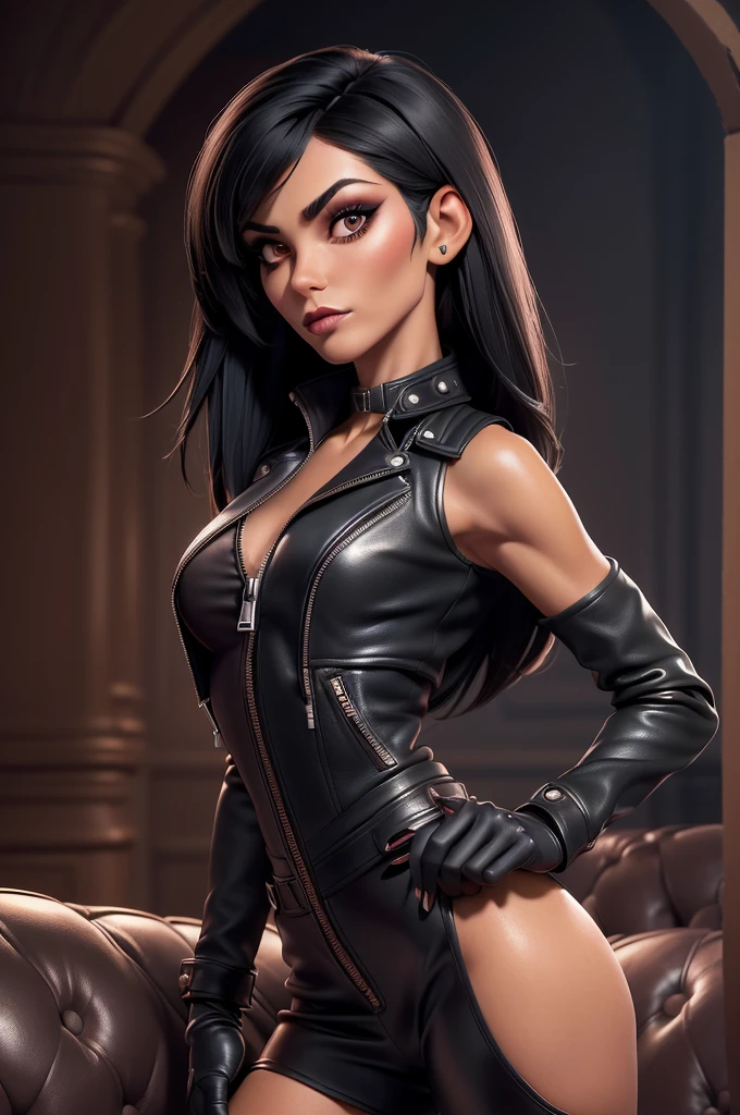 obra prima, melhor qualidade, ((only one woman,)) (((joan jett, dark tan skin, skinny face, high cheekbones, prominent beak nose, heavy vamp makeup eye shadow, long very straight black hair with bangs,))) ((wearing thigh length black metallic leather jacket,)) ((jacket is zipped up, jacket covers waist and ass,)) ((jacket has stiff high collar,)) ((leather dress,)) (leather gloves,) body is very skinny, (((behind couch,))) ((her arms are folded, her back is arched, her shoulders lean way back, head tilted way back,)) ((camera front view of body, extreme closeup view of upper body,)) deep depth of field, highres, HD, 8k, anatomically correct