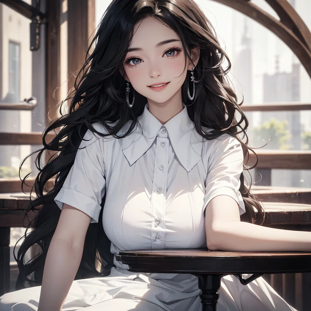 (((High-definition CG unit 8k wallpaper: 1.2, masterpiece, high resolution: 1.2, highest quality: 1.2, table top)))), ((very beautiful woman, white shirt)), ((high-definition face, high-definition dark eyes) , ultra-detailed body, highest quality real texture skin)), (black hair: 1.2, medium-length: 1.2, long hair, white skin, smile), (background is white), ultra-realistic, digital painting,