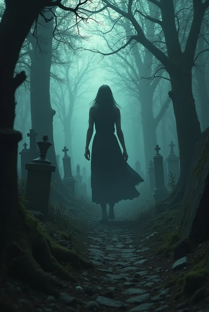 Clara is standing, now out of the coffin, staring at Anselmo, who is frozen with fear. The scene is intense, with the shadows of the trees and tombstones around creating an atmosphere of terror. The air feels heavy, almost palpable, as Clara's figure approaches, and Anselmo's look is one of pure despair.