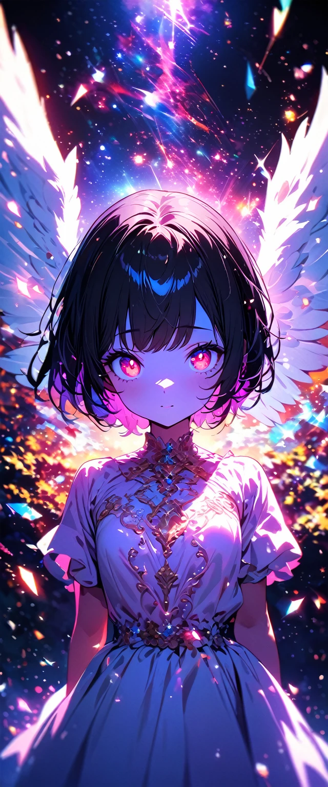 (beautiful girl: 1.3),1girl,masterpiece, Highest quality, Ultra-high resolution,rich contrast,super high quality,8k,Highly detailed CG unit wallpaper,texture,Incredibly absurd,Ultra-high resolution,RAW Photos,Depth of Field 1.2,Ultra-detailed eyes,Big eyes,(clear),Glowing Skin,A beautiful and cute angel is standing,Black Hair,pixie cut,Glitter effect,Angel Wings,(upper body:1.5),(A white parasol floats in the air),tilt one&#39;s head