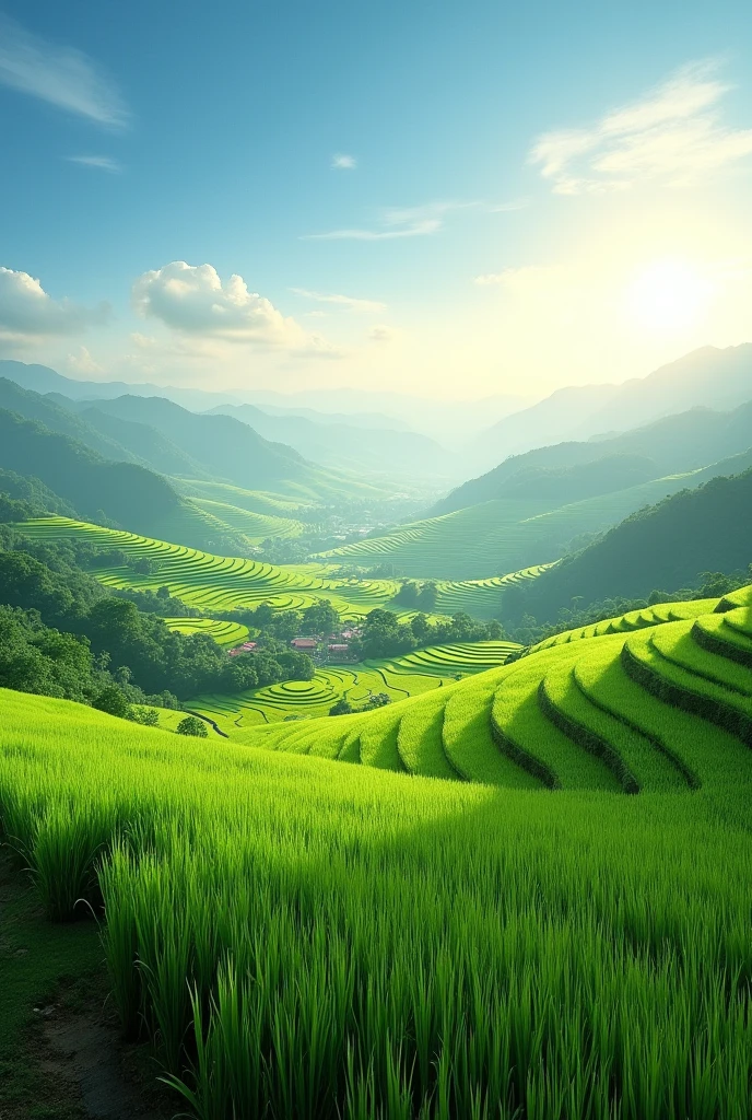 Rice fields under the blue sky in the early afternoon. Change your perspective.