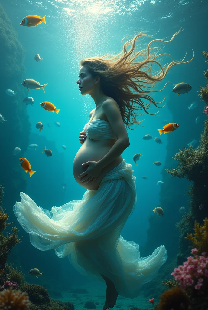 pragnent lady am diving at the bottom of the sea and looking at the camera, surrounded by beautiful fish."
More human look and long hair
Full picture