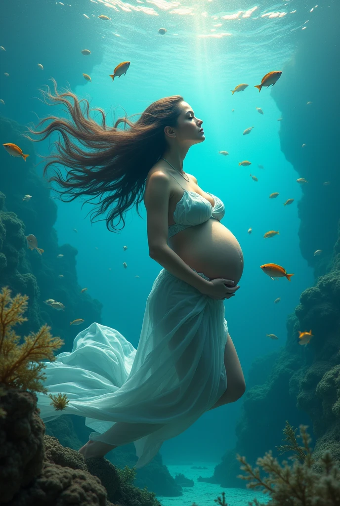 pragnent lady am diving at the bottom of the sea and looking at the camera, surrounded by beautiful fish."
More human look and long hair
Full picture