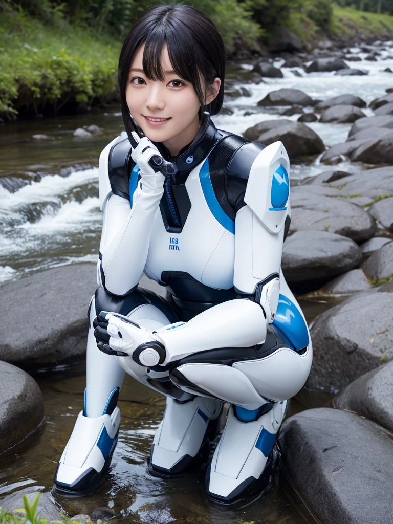 Japanese female android,Black Hair,White and blue robot suit,Plump,Crouching on the bank of a mountain stream,Squat,smile,