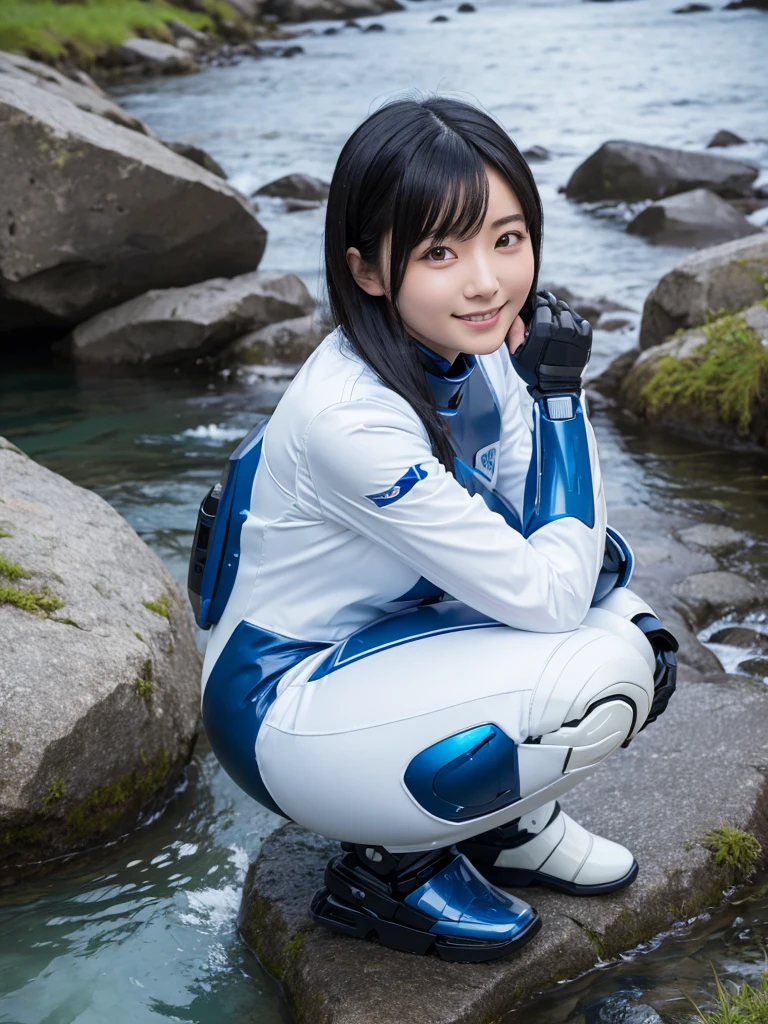 Japanese female android,Black Hair,White and blue robot suit,Plump,Crouching on the bank of a mountain stream,Squat,smile,