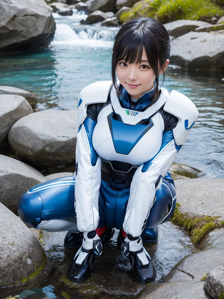 Japanese female android,Black Hair,White and blue robot suit,Plump,Crouching on the bank of a mountain stream,Squat,smile,