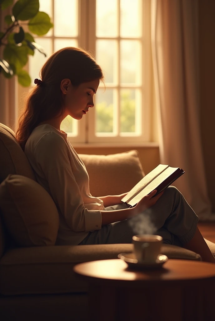 A person inside their home in peace, a beautiful home. This person is in their living room sitting down reading a Bible with a cup of coffee on the table. There is good light inside the house.