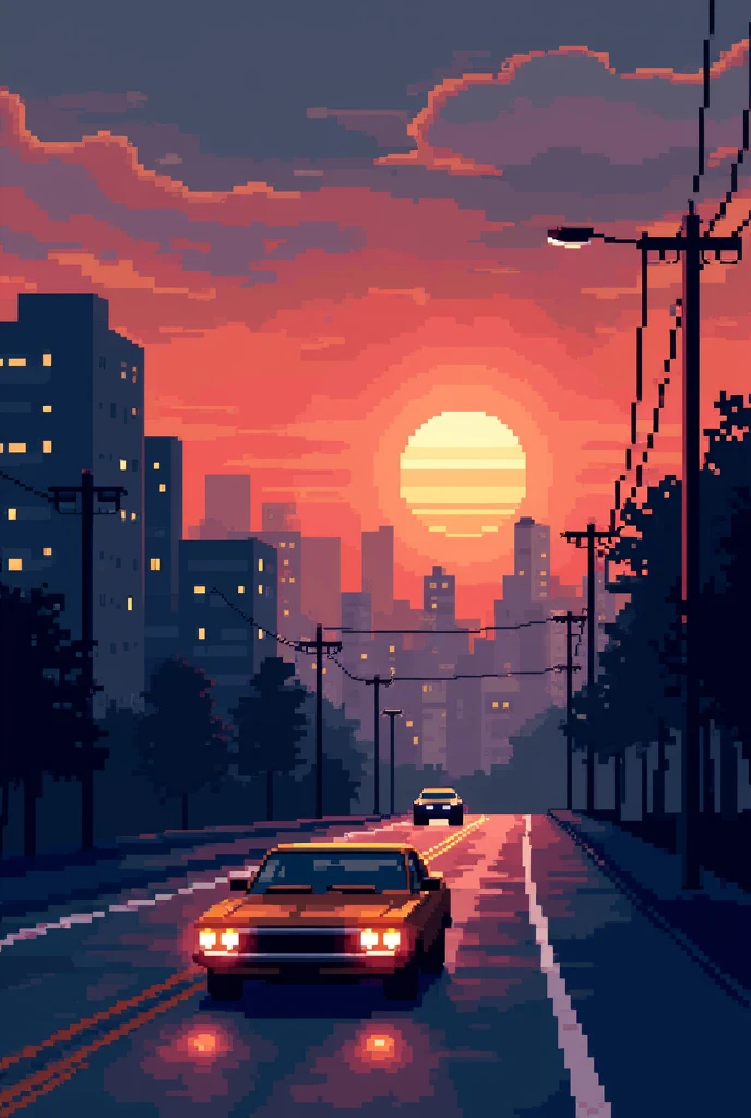 (pixel art)a car in 16-bit pixel art style, Side driving, In the background, you can see a city at sunset, with a sky that combines orange tones, pinks and purples. The city buildings are dimly lit, with windows that begin to shine. The road has simple streetlights and some trees.. The car could be moving, with their headlights on, giving that classic and nostalgic feel of 16-bit games