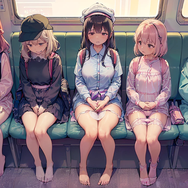 ((((A bustling morning scene inside a women-only car on a JR train in Japan during rush hour. The train is packed with passengers, yet there’s a sense of order and calm among the crowd. Several young girls, dressed in cute kindergarten uniforms with small backpacks, stand close to their mothers, holding onto them or the train's handrails for support. The girls wear matching hats, some in bright yellow and others in pastel pink, with little charms hanging from their bags. The mothers, dressed in casual but neat attire, ensure their daughters are safe and comfortable, gently holding their hands or guiding them to stand securely. Despite the crowded space, there’s a warm, nurturing atmosphere as the mothers and daughters chat quietly or look out the windows. The train car is filled with the soft hum of conversations and the occasional giggle from the young girls, capturing a typical morning commute in the city.)))),((A plump and squishy lady:1.3)),((surprise!!:1.3)),(((Women's Lace Panties,((Sometimes open crotch panties)),transparent,Erotic lingerie,Big size,Open crotch underwear))),Highest quality、High resolution、Detailed Background、(Beautiful face in every detail:1.4)、,(((Sexy Lace Nightwear for Women,sometimes transparentなメッシュのlingerie,transparentなエロティックなポルノドレス,Long sleeve,lingerie,summer pajama))),