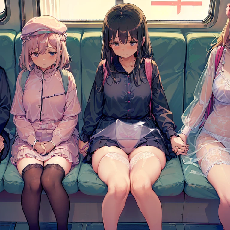 ((((A bustling morning scene inside a women-only car on a JR train in Japan during rush hour. The train is packed with passengers, yet there’s a sense of order and calm among the crowd. Several young girls, dressed in cute kindergarten uniforms with small backpacks, stand close to their mothers, holding onto them or the train's handrails for support. The girls wear matching hats, some in bright yellow and others in pastel pink, with little charms hanging from their bags. The mothers, dressed in casual but neat attire, ensure their daughters are safe and comfortable, gently holding their hands or guiding them to stand securely. Despite the crowded space, there’s a warm, nurturing atmosphere as the mothers and daughters chat quietly or look out the windows. The train car is filled with the soft hum of conversations and the occasional giggle from the young girls, capturing a typical morning commute in the city.)))),((A plump and squishy lady:1.3)),((surprise!!:1.3)),(((Women's Lace Panties,((Sometimes open crotch panties)),transparent,Erotic lingerie,Big size,Open crotch underwear))),Highest quality、High resolution、Detailed Background、(Beautiful face in every detail:1.4)、,(((Sexy Lace Nightwear for Women,sometimes transparentなメッシュのlingerie,transparentなエロティックなポルノドレス,Long sleeve,lingerie,summer pajama))),