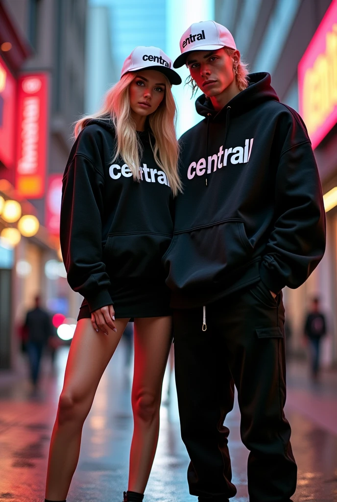 "Generates an image of a 20 year old blonde girl and a blonde boy, rap superstar, both wearing white caps and parkas with the word **'CENTRAL'**. The girl is wearing a black miniskirt and black Vans, while the boy wears black baggy pants and the same sneakers. The background should imitate a magazine cover, with a modern and urban style that highlights your attractiveness and the phrases on your clothes."