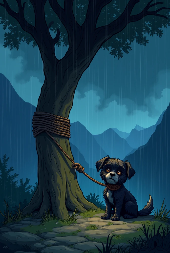 A little black dog on a mountain alone, tied to a tree, The puppy is sad and desperate, scared, It starts to rain heavily, It&#39;s night time in cartoons