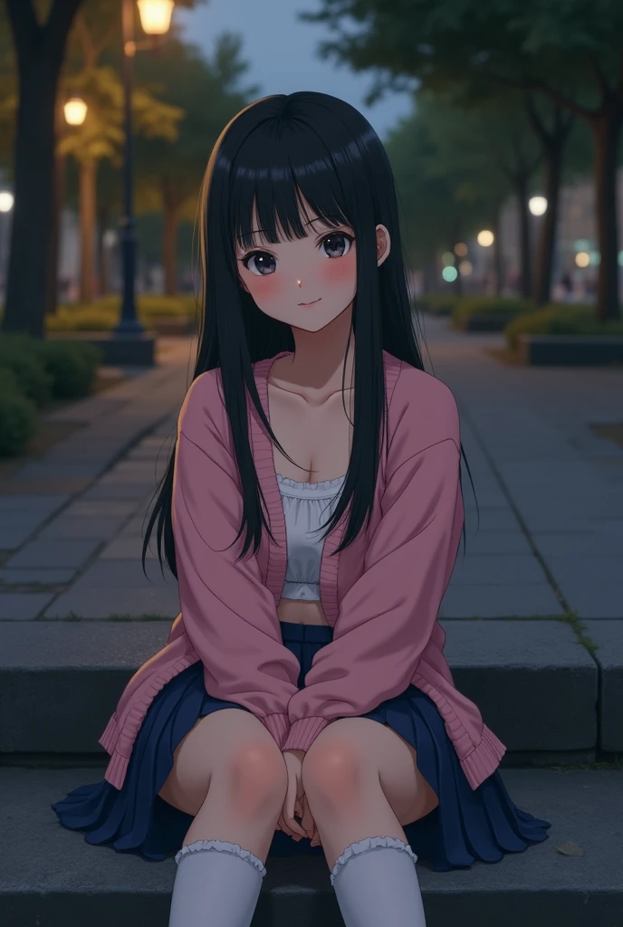 (8k、RAW photos、top quality、masterpiece:1.2)、(realistic、realistic:1.37)、1 girl、1 Japanese Idol、((The face of、cute smile、Lift your face slightly))、(pink cardigan、Uniform with ribbon on chest)、((Navy Blue Pleated Mini Skirt))、(White high socks)、(((White panties with ruffle trim at the edges)))、white skin、glowing skin、realistic 피부 느낌、beautiful face、young face、big eyes、black eye、high nose、black hair、straight long hair、let down one's bangs、NSFW、((((Sitting on the steps of the evening show))))、((The trees around))、((((Park at night))))、((((Moody lighting of street lights))))
information