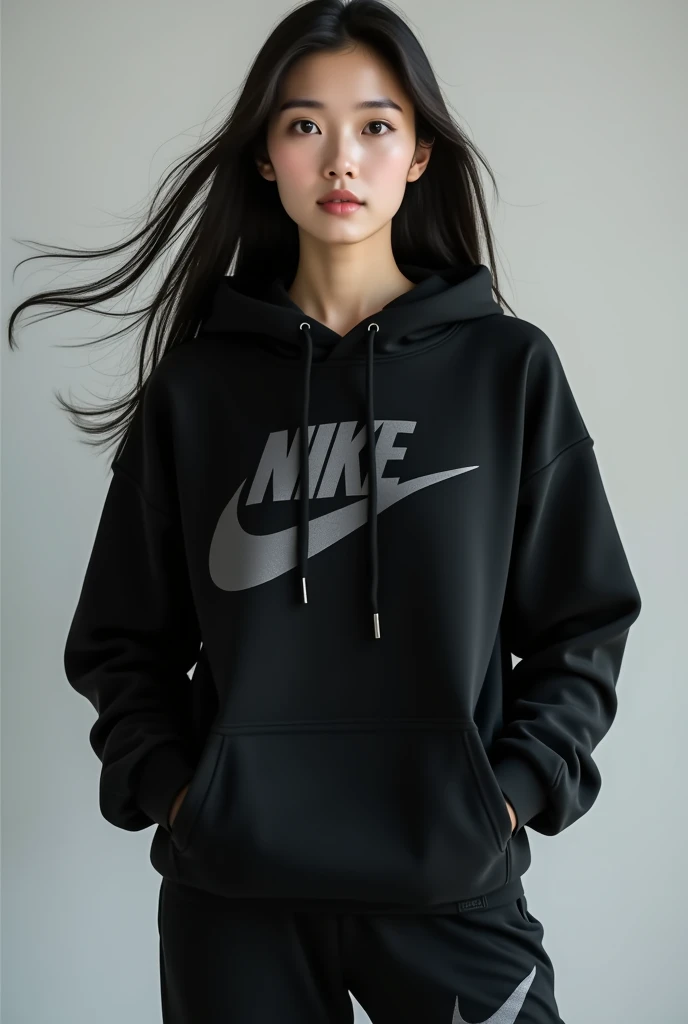 Une belle brune coréenne aux yeux bridés aux cheveux longs portant un sweat-shirt nike a capuche noir Nike et un pantalon noir Nike assorti,