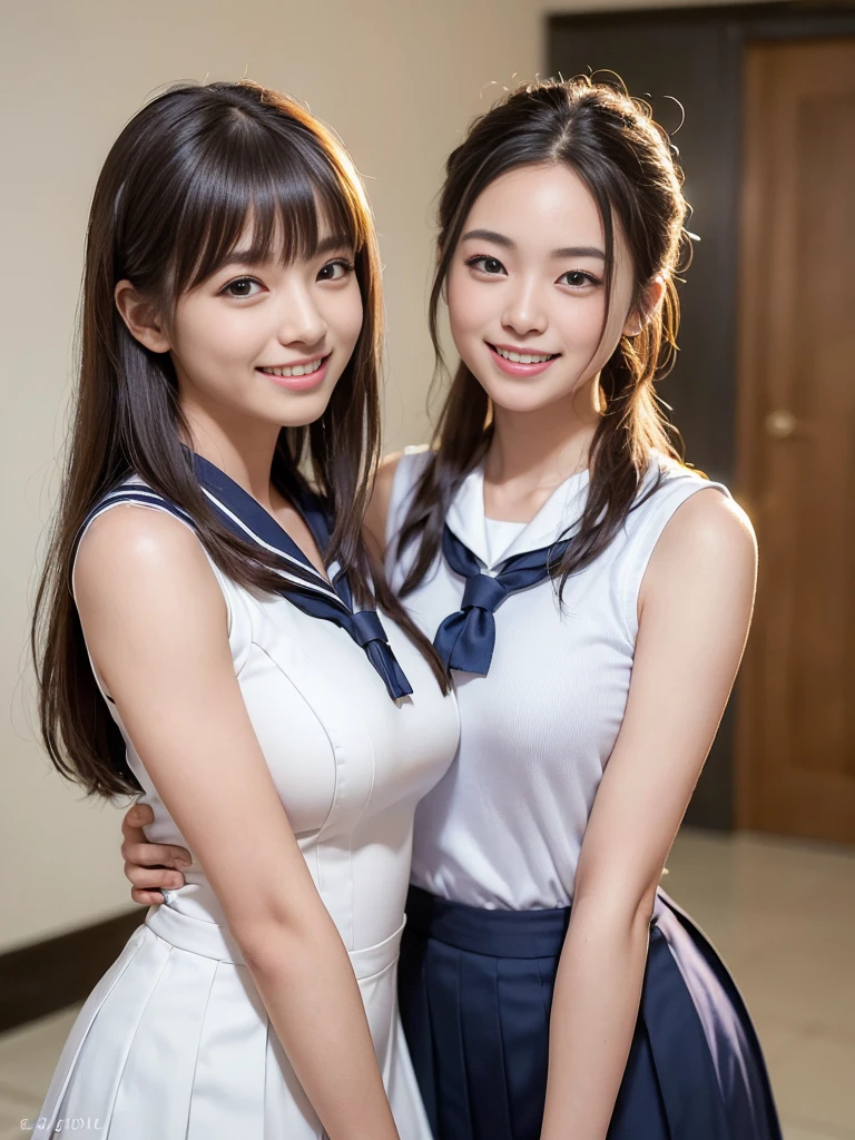 (8k, RAW photo, highest quality, masterpiece: 1.2), ((Bob Hair: 1.3)) (High school students, school uniforms)High detail, high definition, high quality), (High school students, school uniforms) (Photorealistic: 1.3) ((Slim body type, big breasts:1.3)) ((Japanese idol:1.3 ((beautiful bob hair:1.3)) Japanese idol ,nogizaka46,(White Sleeveless school uniform:1.3) super detail, super resolution, (realistic, real photo: 1.37), (photorealistic: 1.6), portrait, high resolution RAW color photo, professional photo, very detailed and beautiful, touching hair (showing teeth and smiling), beautiful full moon (posing to show sides) Schoolyard at night with beautiful full moon, night sky is beautiful, Cute pose, super high quality, 8k wallpaper, amazing cute smile, transcendent cute face, amazing details, red scarf, very detailed beautiful girls, different pattern face, having a conversation in school classroom, light shining hair, one is a ponytail, modern cute schoolgirl, very detailed face very detailed eyes, very realistic skin, very detailed fingers, very detailed nose, very detailed mouth, perfect anatomy, highly detailed sailor suit, very detailed background, after school, smiling school girls gather in the hallway of the school. They are in uniform, bathed in moonlit nights, revealing the details of their hair and uniforms. They enjoy chatting in natural poses and seem to have memorable conversations. Smiling faces, fun spreads in the hallway, long straight hair, (dull bangs: 1.2), , schoolgirl youth Celebrity-level cuteness 