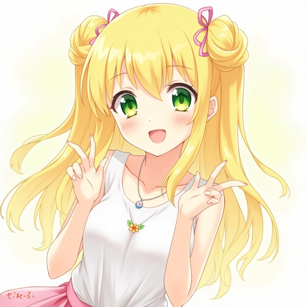 score_9, score_8_up, score_7_up, source_anime, jougasaki rika, long hair, blonde hair, two side up, green eyes, 1girl, solo, open mouth, jewelry, smile, bow, hair bow, necklace, flower, skirt, looking at viewer